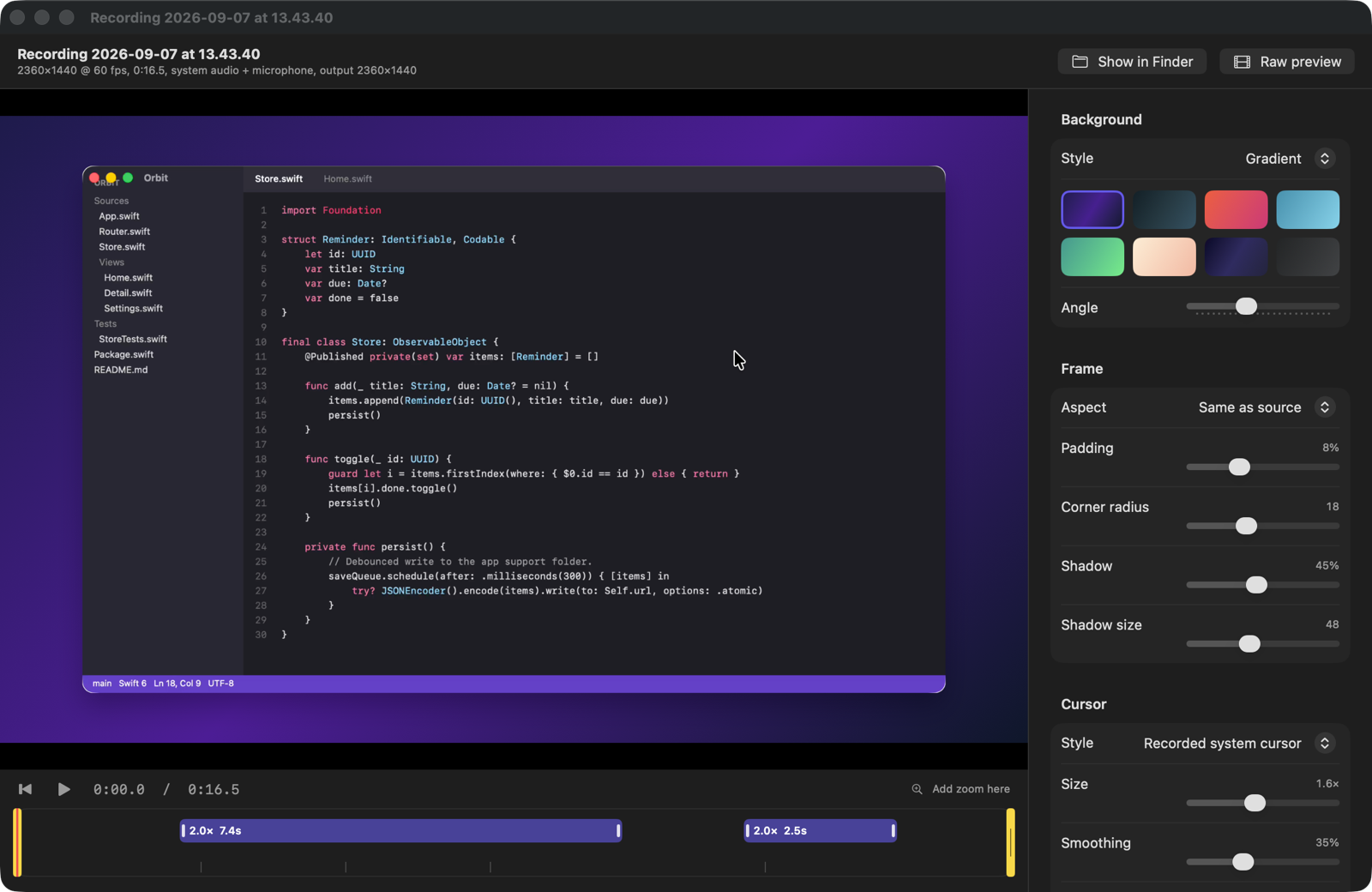 The Zoomcast editor with the effects inspector and a timeline of zoom segments