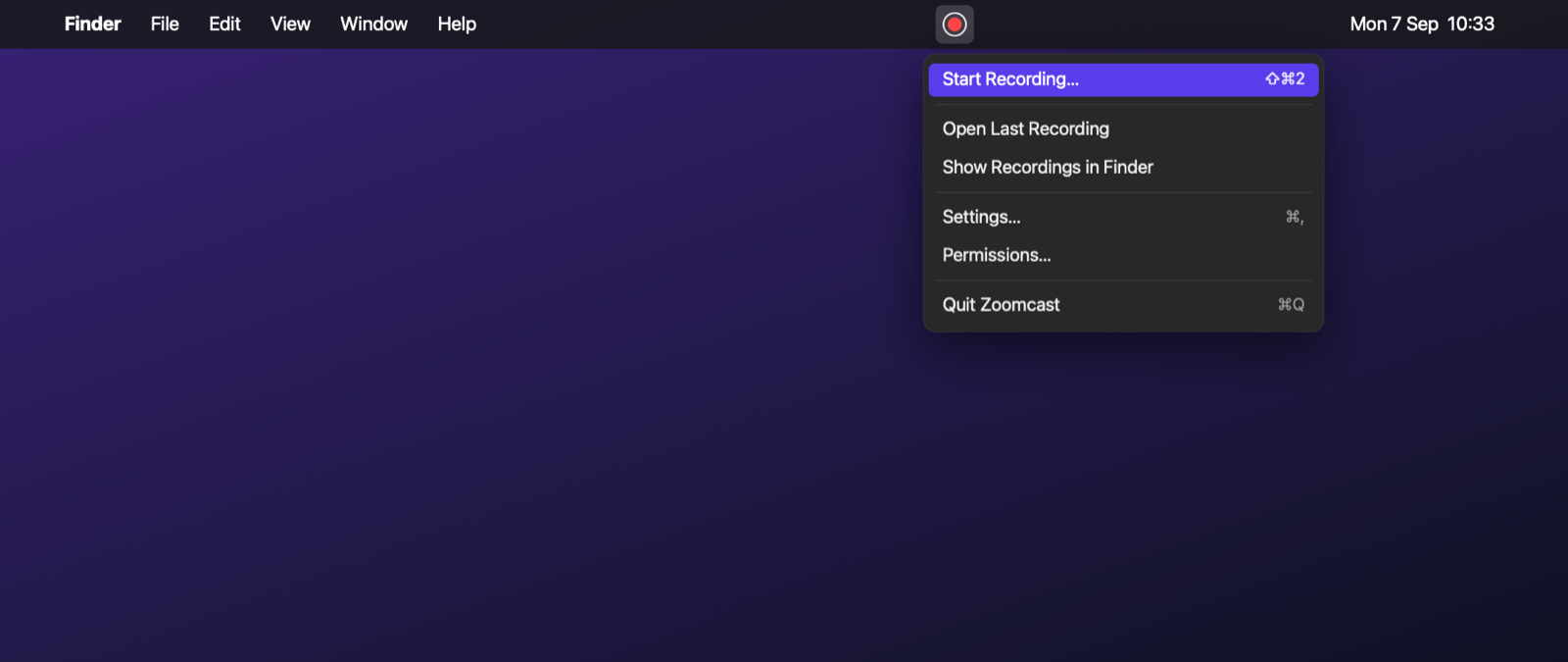 The Zoomcast menu with Start Recording, Open Last Recording and Settings